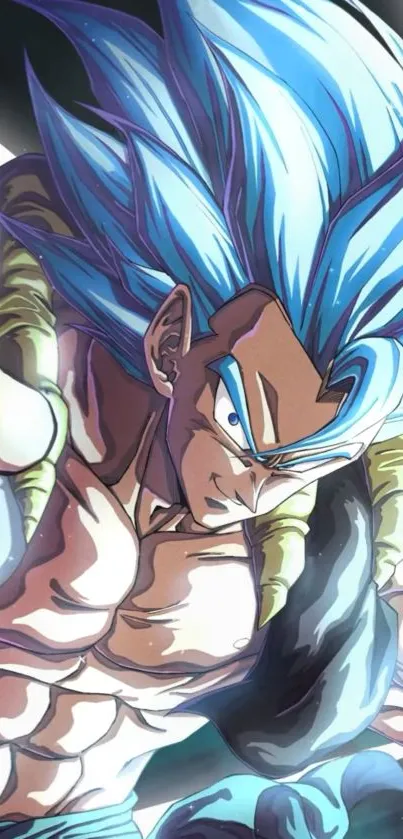 Anime warrior with blue hair in action pose