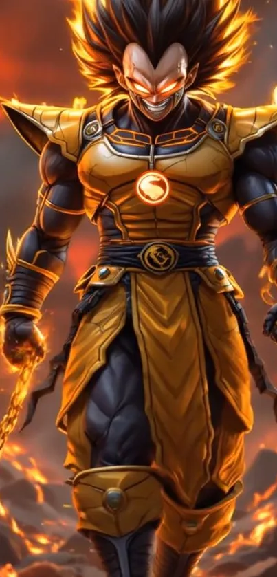 Fierce anime warrior in golden armor with fiery background.
