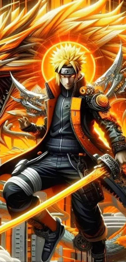 Anime warrior with dragon in vibrant orange.