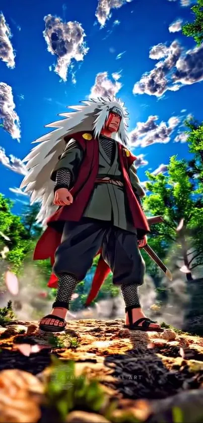 Anime warrior in a vibrant forest with a striking pose.