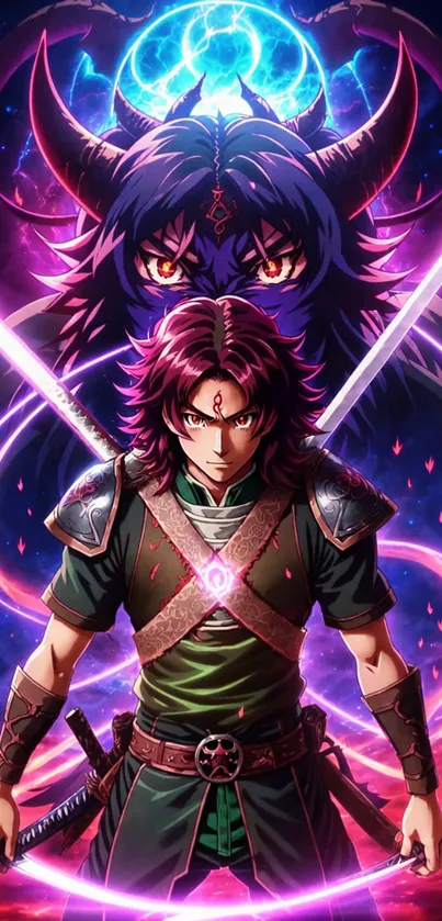 Epic anime warrior with mystical glow and swords, facing a dark creature.