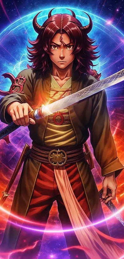 Anime warrior with sword in cosmic colorful background.