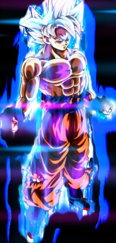 Epic anime warrior with blue aura on a black background.