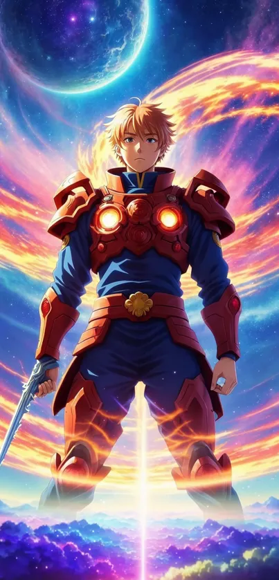 Epic anime warrior with fiery cosmic backdrop in vivid colors.