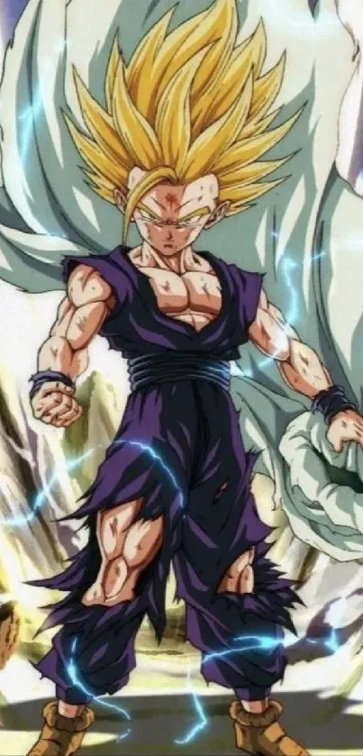 Epic anime warrior standing strong amidst energy aura.