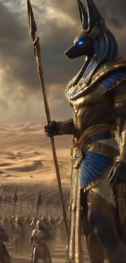 Anubis stands majestically in a desert landscape with a spear.