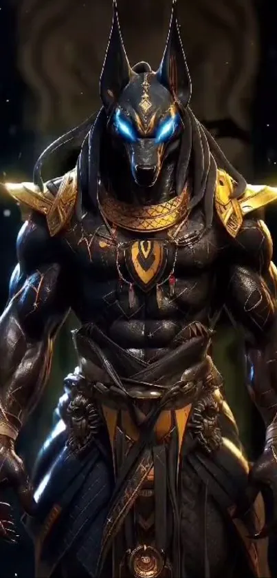 Epic Anubis warrior with blue eyes and gold armor in a mystical setting.