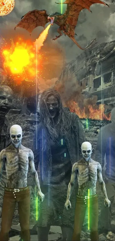 Zombies and a dragon in a fiery apocalypse scene on a phone wallpaper.