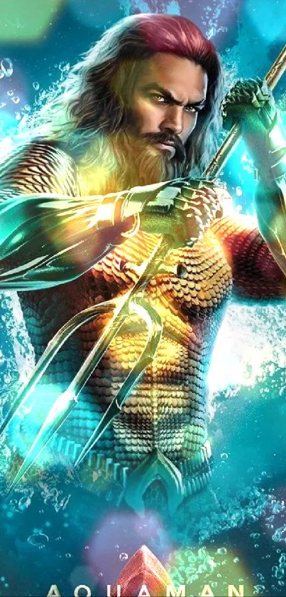 Aquaman holding a trident in an epic underwater scene, vibrant and dynamic.