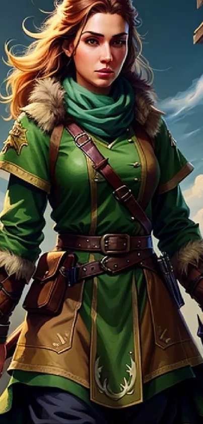 Fantasy artwork of a female archer in green attire with a medieval background.