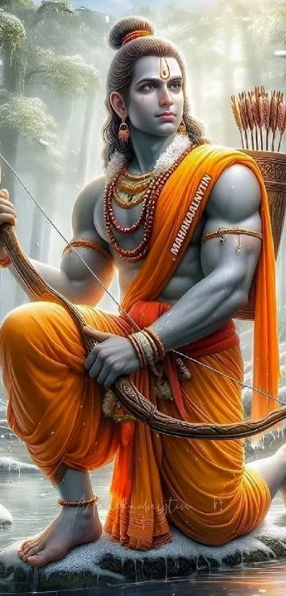 Mythical archer in orange attire in a serene mystical forest setting.