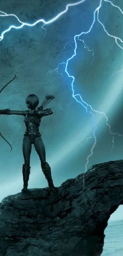 Archer in armor standing against a stormy, lightning-filled sky.