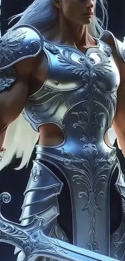 Epic angel in detailed silver armor with wings.
