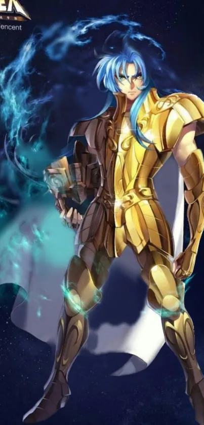 Blue-haired anime hero in golden armor with glowing elements.