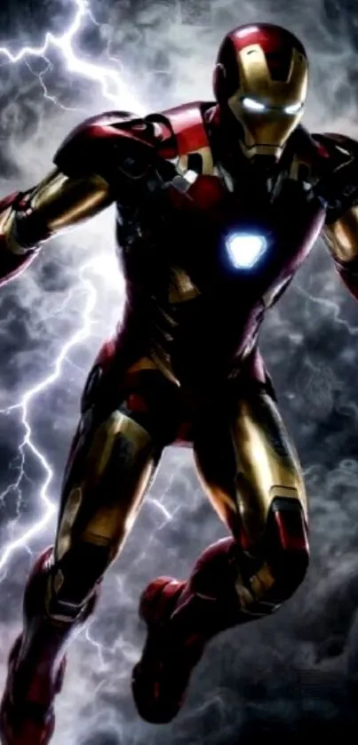 Armored superhero poised with lightning backdrop.