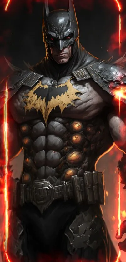 Epic illustration of an armored, muscular superhero in a dark setting.