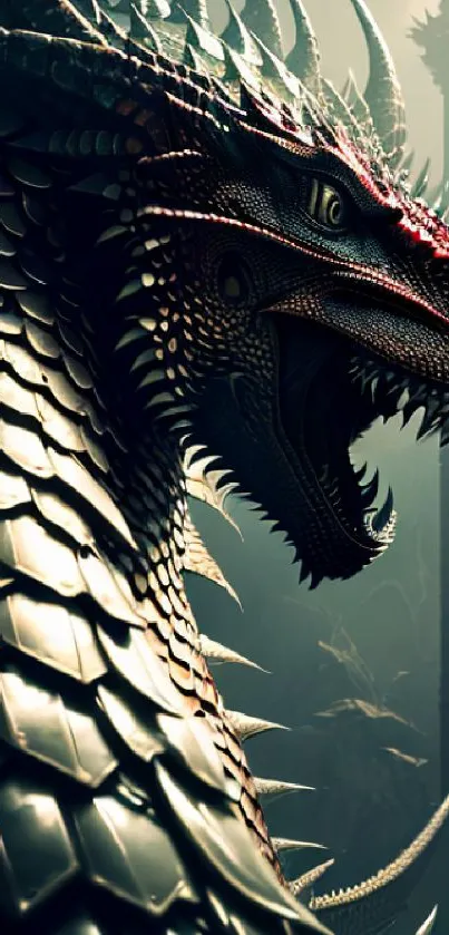 Epic armored dragon in dark fantasy landscape, perfect for mobile wallpaper.