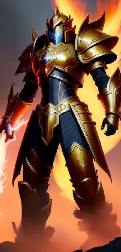 Epic fire warrior in golden armor with a flaming sword on mobile wallpaper.