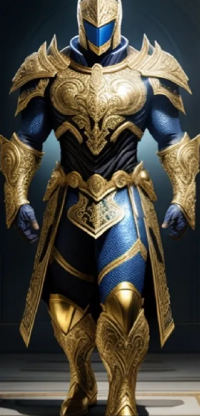 Epic armored knight with gold details on royal blue background.