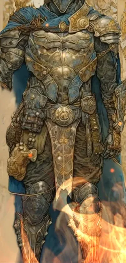 Epic armored knight in fantasy setting with gold and blue details.