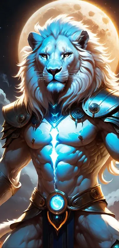 Epic armored lion under full moon.