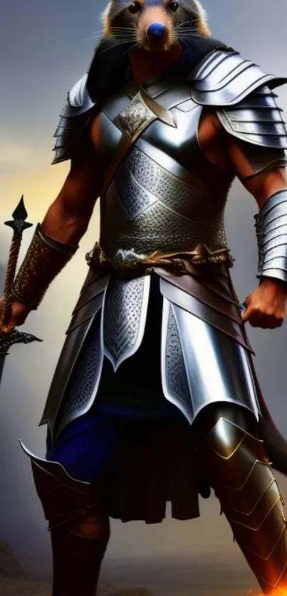 Epic warrior with animal mask and glowing sword in mystical landscape.