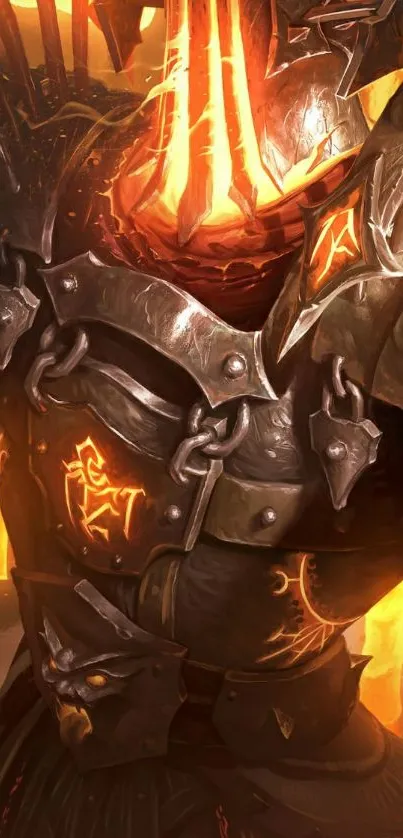 Epic fantasy armored warrior with glowing flames.