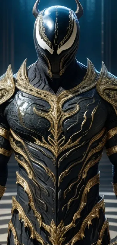 Epic warrior with ornate gold armor on dark background.