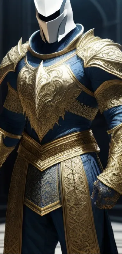 Epic armored warrior with golden details on a deep blue background.