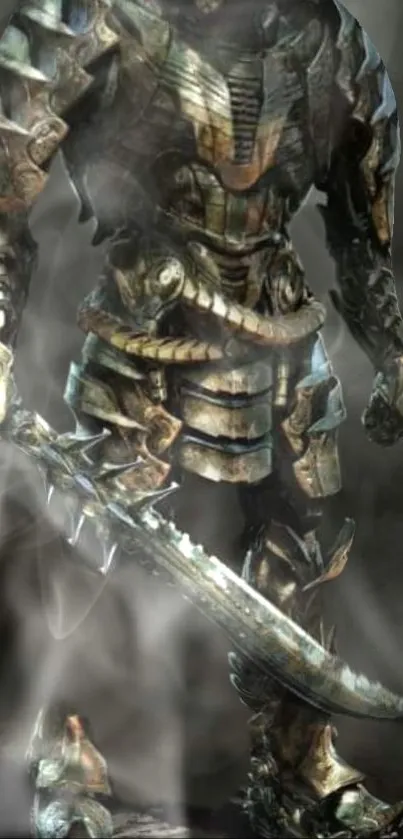 Armored warrior in mist with sword, epic design.