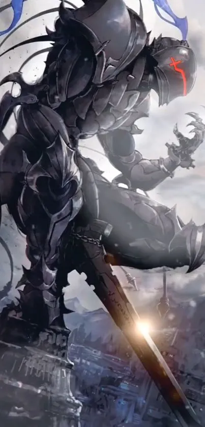 Epic wallpaper featuring dark armored warrior with sword in stormy backdrop.