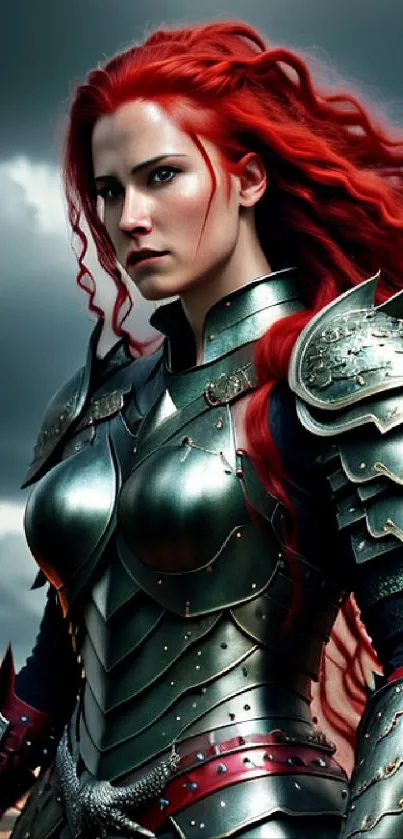 A fierce red-haired warrior woman in ornate armor with a dramatic cloudy background.