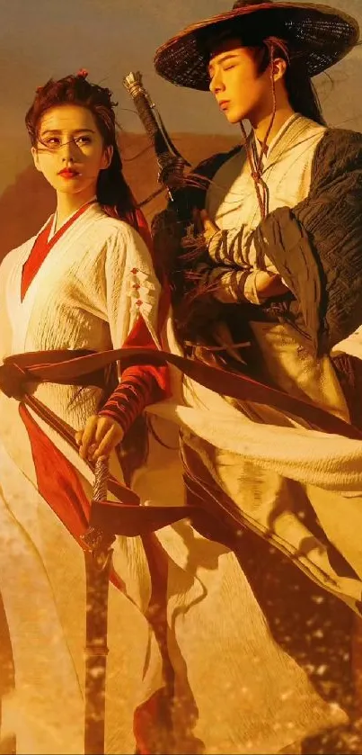 Epic Asian warriors in traditional attire with swords.