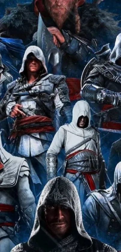 Epic collage of iconic Assassin's Creed characters on a dark blue background.