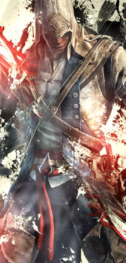 Assassin splash art with red and black accents on mobile wallpaper.