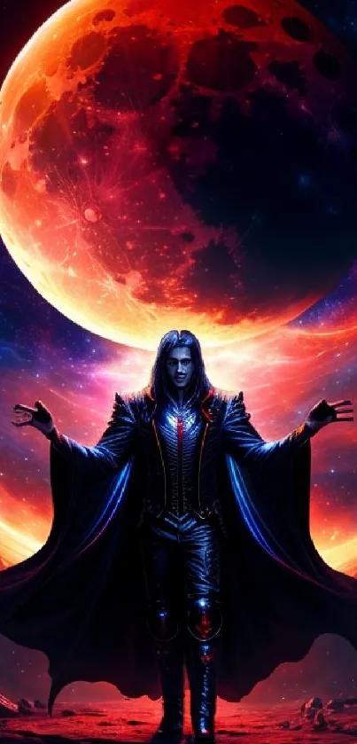 Epic fantasy warrior beneath a fiery red moon wallpaper.