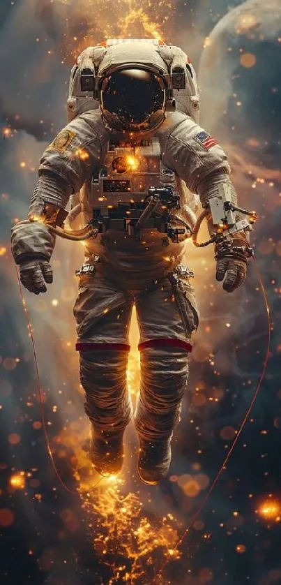 Astronaut surrounded by cosmic flames in space.