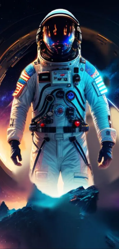 Epic astronaut standing against a cosmic backdrop, embodying space adventure.