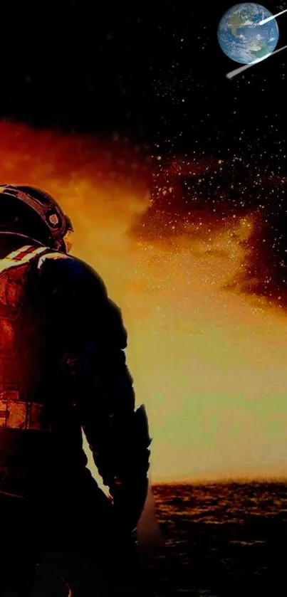 Astronaut gazing at Earth from fiery alien landscape under space sky.