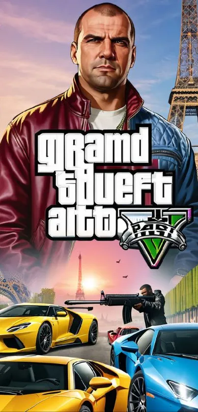 Grand Theft Auto V wallpaper featuring sports cars and Eiffel Tower.