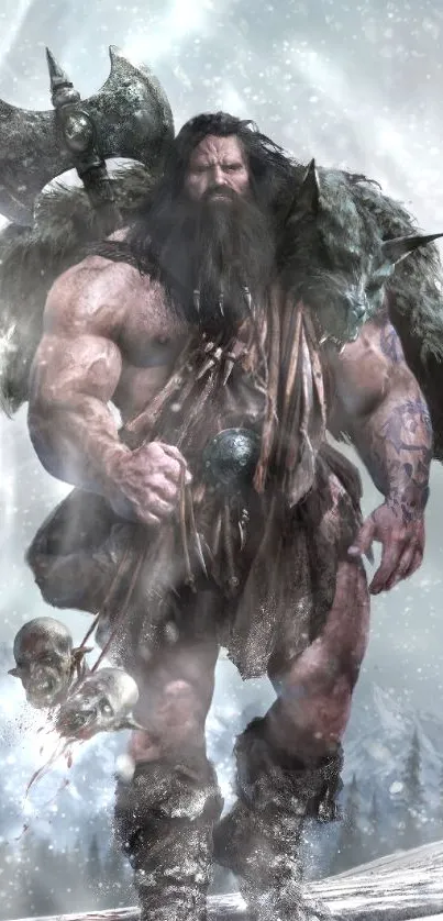 Barbarian warrior in snowy mountain setting.