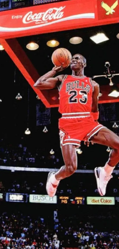 Dynamic slam dunk in a vibrant basketball game with a cheering crowd.