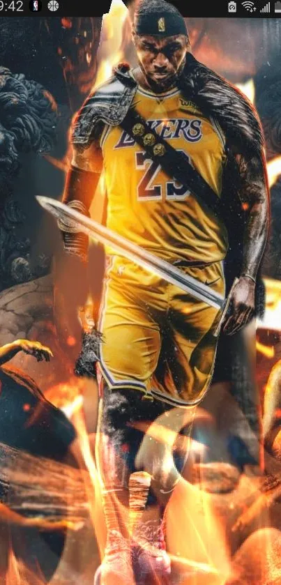 Epic wallpaper with basketball warrior and fiery background.