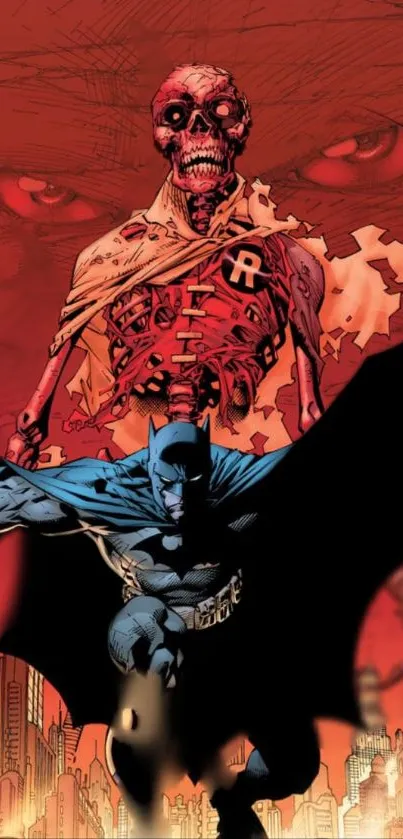 Batman comic art with red and dark hues, featuring a dramatic action scene.