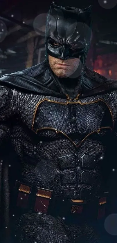 Striking Batman in dark knight suit mobile wallpaper.