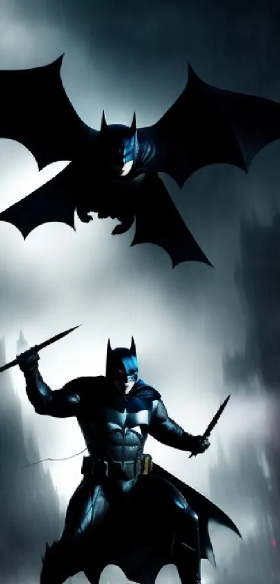 Epic Batman wallpaper with dramatic Gotham City background.