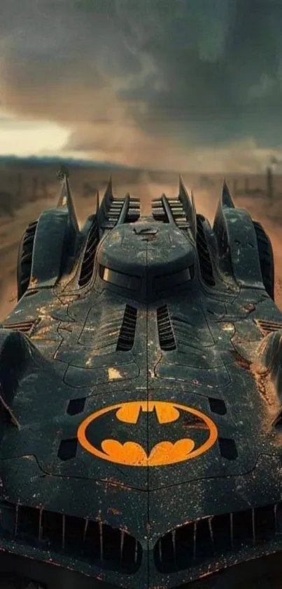 Epic Batmobile in a dramatic desert setting.