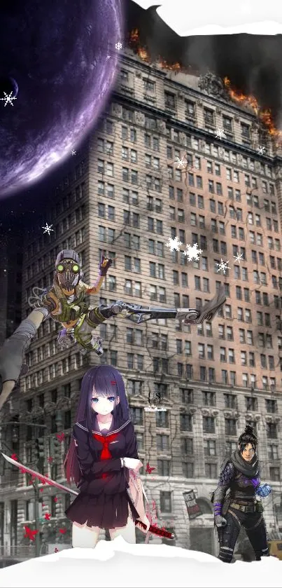 Anime characters battle in a burning city with a cosmic sky backdrop.