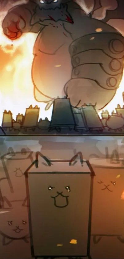 Epic cartoon monster with fiery background and cute creatures below.
