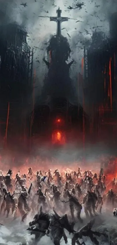 Dark fantasy battle scene with mystical creatures and ominous cross.